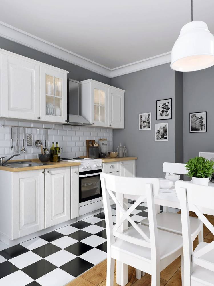 Белый кухонный гарнитур и серые стены