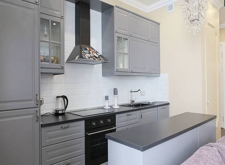 Стильная кухня с серыми матовыми крашеными фасадами