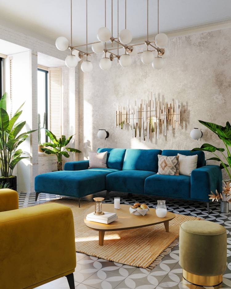 Интерьер кухни-гостиной в итальянском стиле с синим диваном RIO