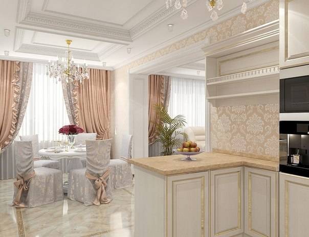 Дизайн кухни с гостиной в частном доме в классическом стиле