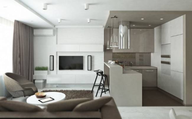Дизайн гостиной с кухней в квартире в светлых тонах: 113 фото дизайна