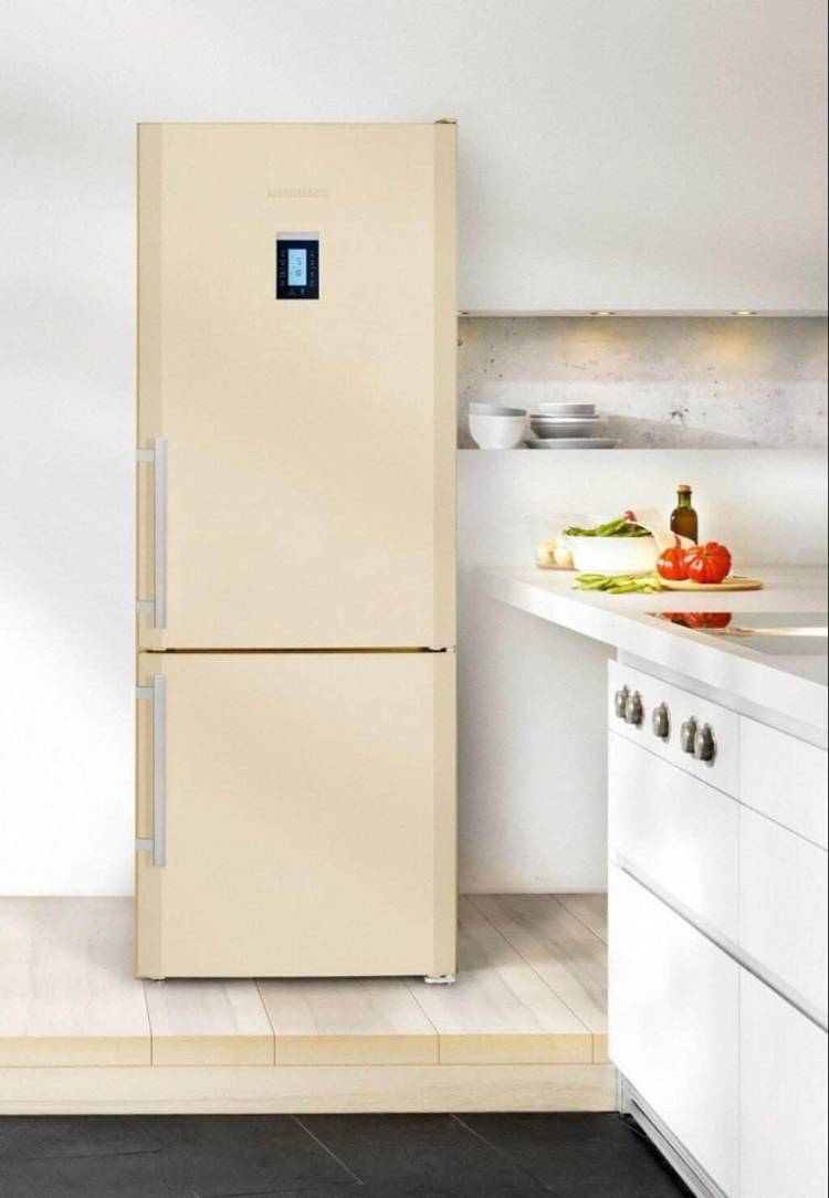 Бежевый холодильник в интерьере кухни