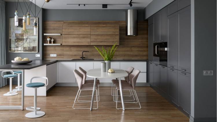 Сочетание дерева и серого цвета в интерьере кухни: 91 фото дизайна