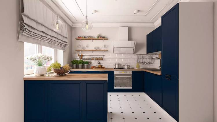 Синяя кухня с деревянной столешницей в интерьер
