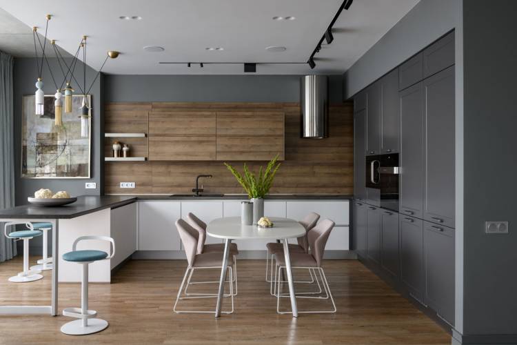 Дизайн кухни серый с деревом: 115 фото дизайна