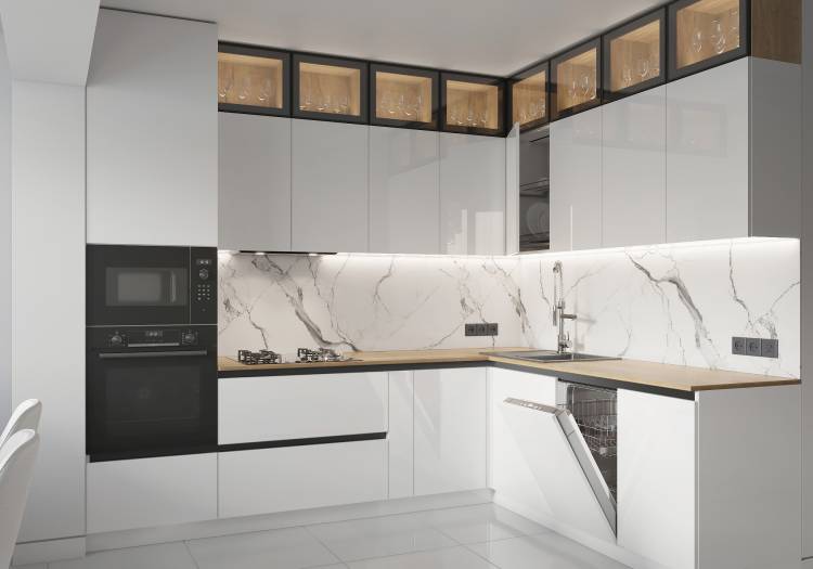 Белая глянцевая кухня в стиле минимализм