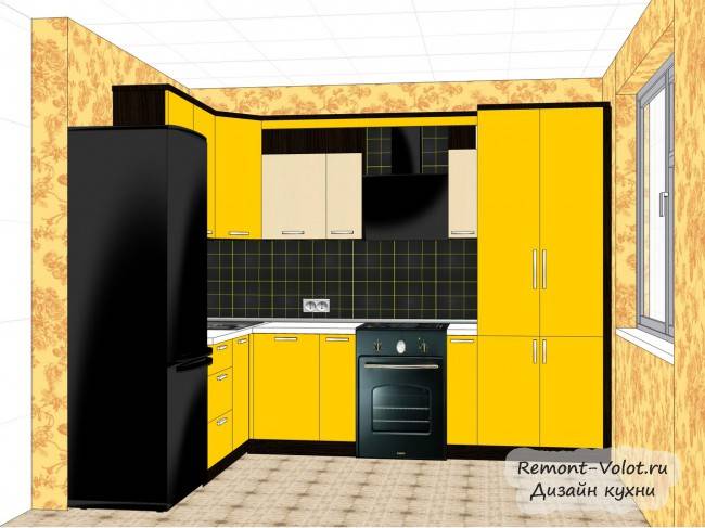 Дизайн желтой кухни с барной стойкой и газовой колонкой