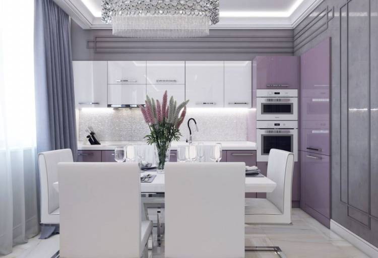 Серо фиолетовый интерьер кухни