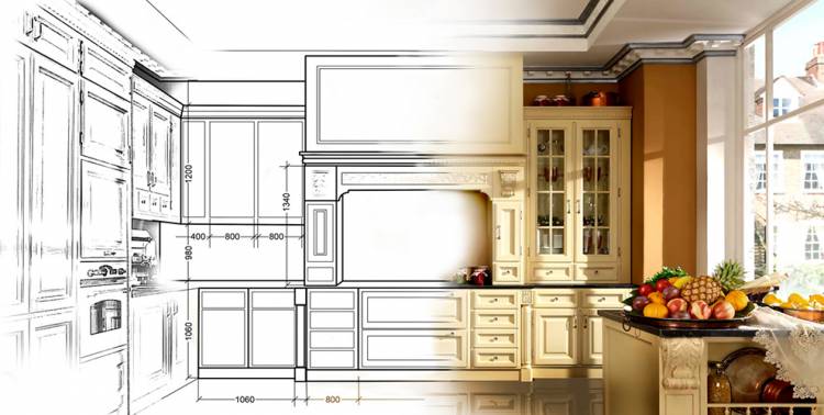 Дизайн угловых кухонь, кухонных гарнитуров, в эскизах с размерами