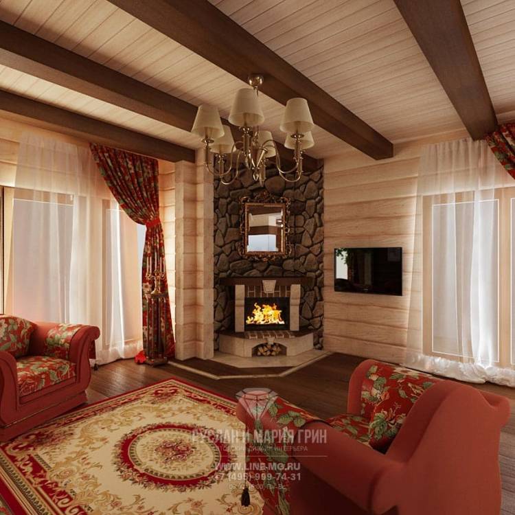 Дизайн гостиной с камином в деревянном дом