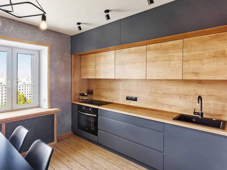 Кухня серая с деревянной столешницей, белая, бежевая, светлая, синяя или черная, в скандинавском и других стилях