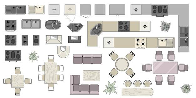 Набор элементов мебели вид сверху для кухни и столовой дома, квартиры, интерьера, оборудования
