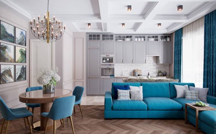 Дизайн кухни гостиной с синими стульями
