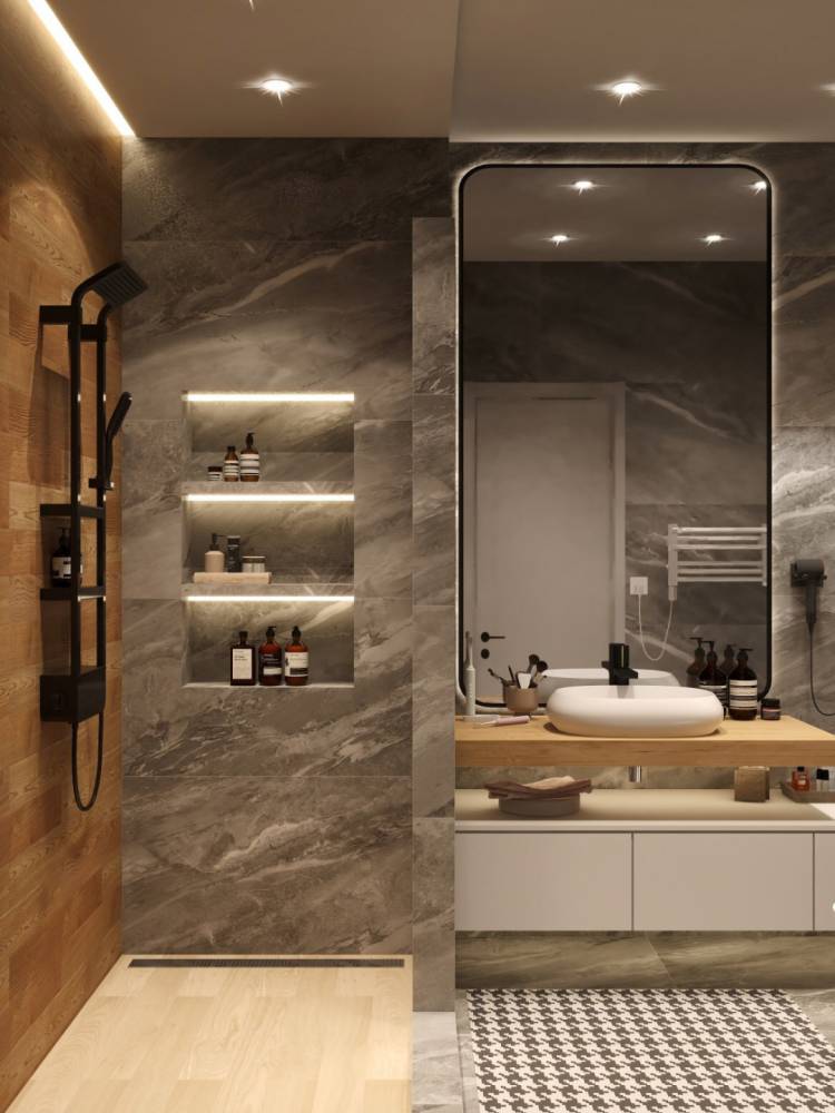 Современная идея дизайна ванной комнаты из мрамора и дерев