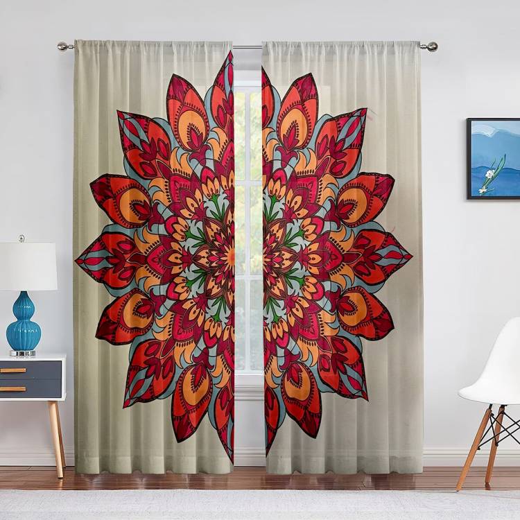 Цветущие тюлевые шторы Мандала с красными цветами для гостиной спальни кухни прозрачные Занавески с цветочным рисунком оконные декоративные занавески