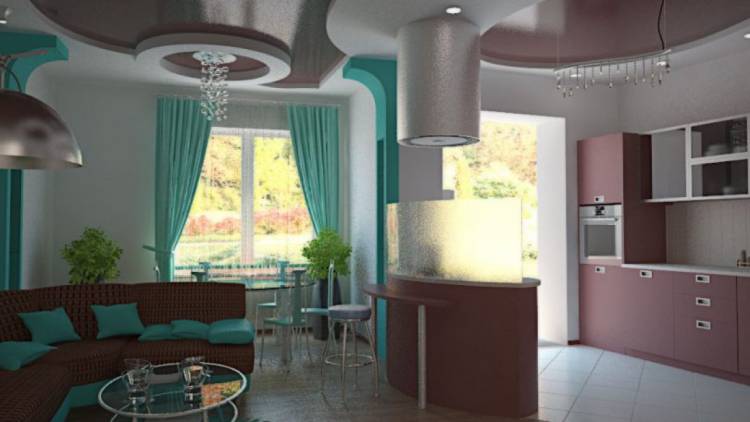 Комбинированный натяжной потолок на кухне с элементами гипсокарт