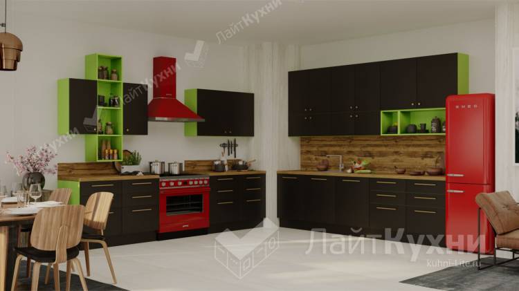 Кухня Nero Ingo, акрил, современный модерн стиль, цвет черный темный салатовый, форма прямые г-образные угловые, поверхность матовая