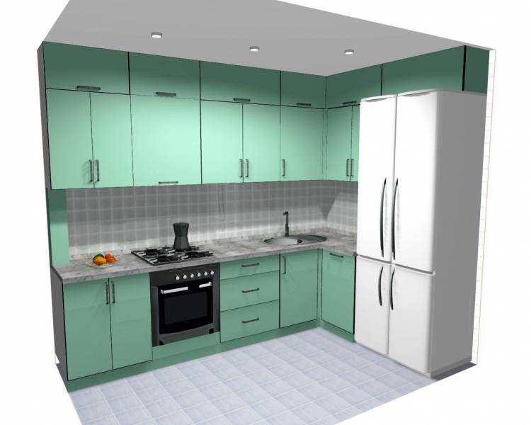 Макет угловой кухни, зеленая кухня, кухня со встроенной техникой, кухня до потол