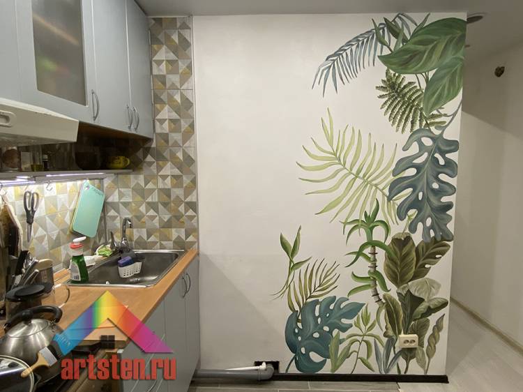 Роспись на стене на кухне Тропические листья в СПб