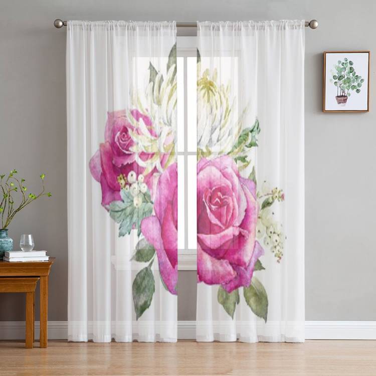 Садовые прозрачные Занавески с акварельными розами для гостиной, современные модные занавески для кухни, тюлевые шторы