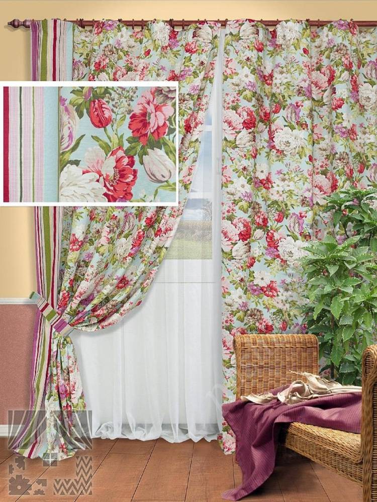 Яркий комплект штор с цветочным принтом и тюлем-компаньоном, готовые шторы в интернет магазине дешев