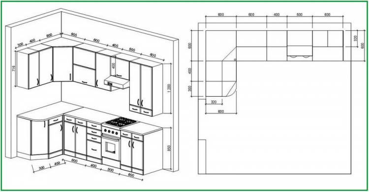 Разработка чертежа и схемы кухонных шкафов с размерами